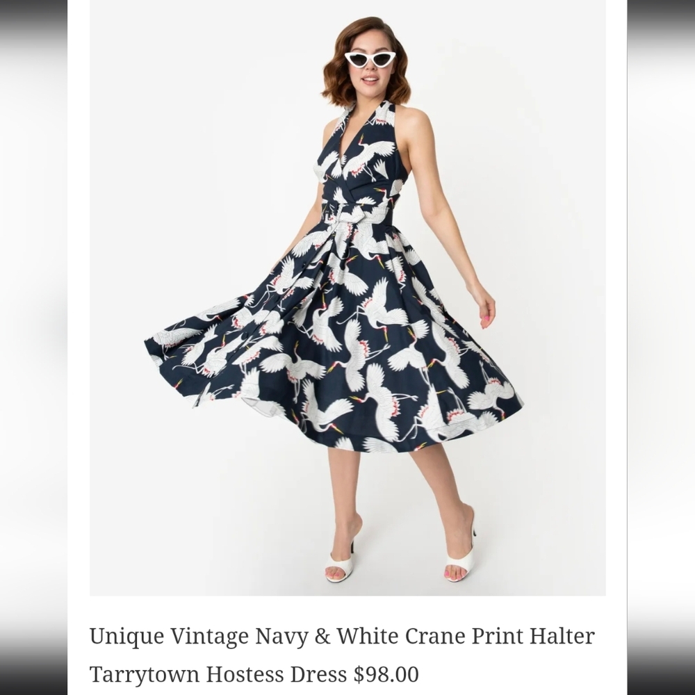 Crane Print Halter Swing Dress